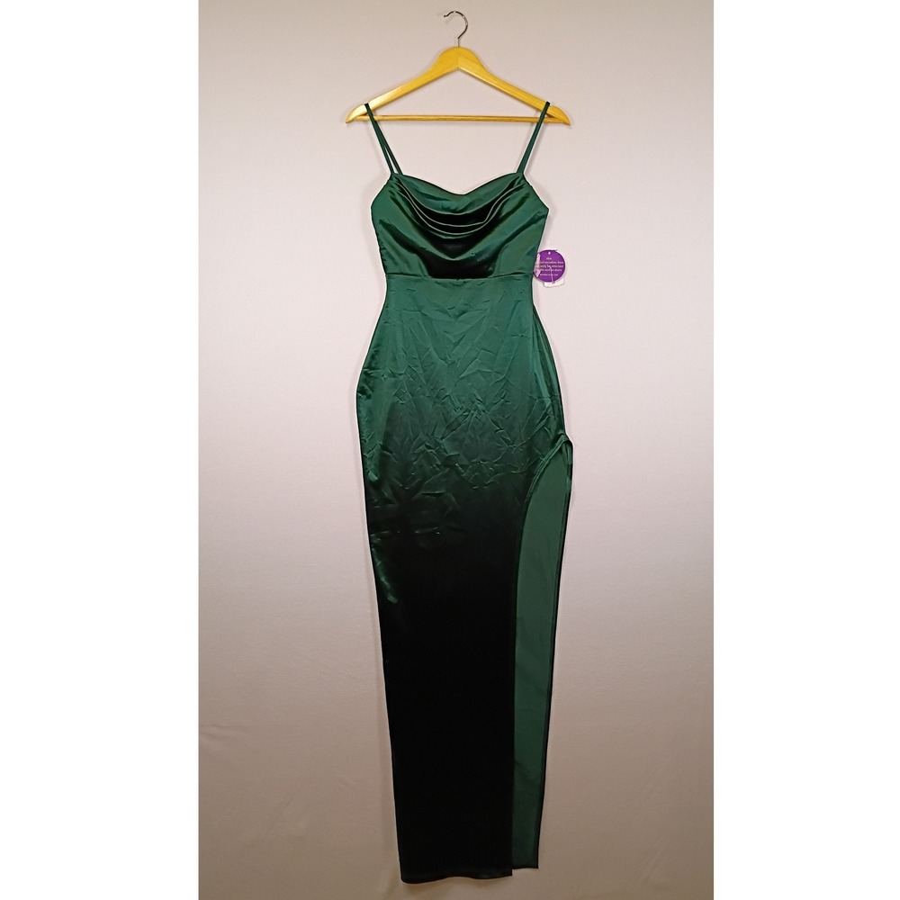 Formal Glamour Windsor Women S Emerald Green Cowl Neck Satin Maxi Slit Dress
